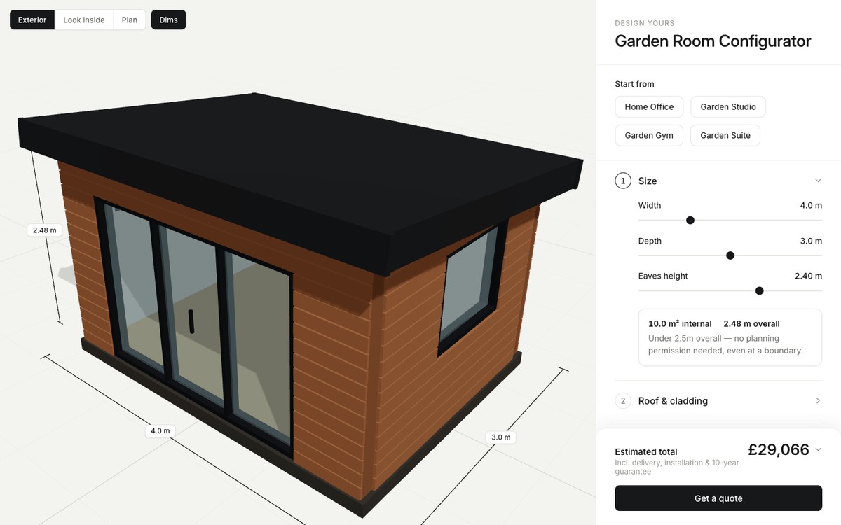 The Traade garden room designer showing a garden room in 3D