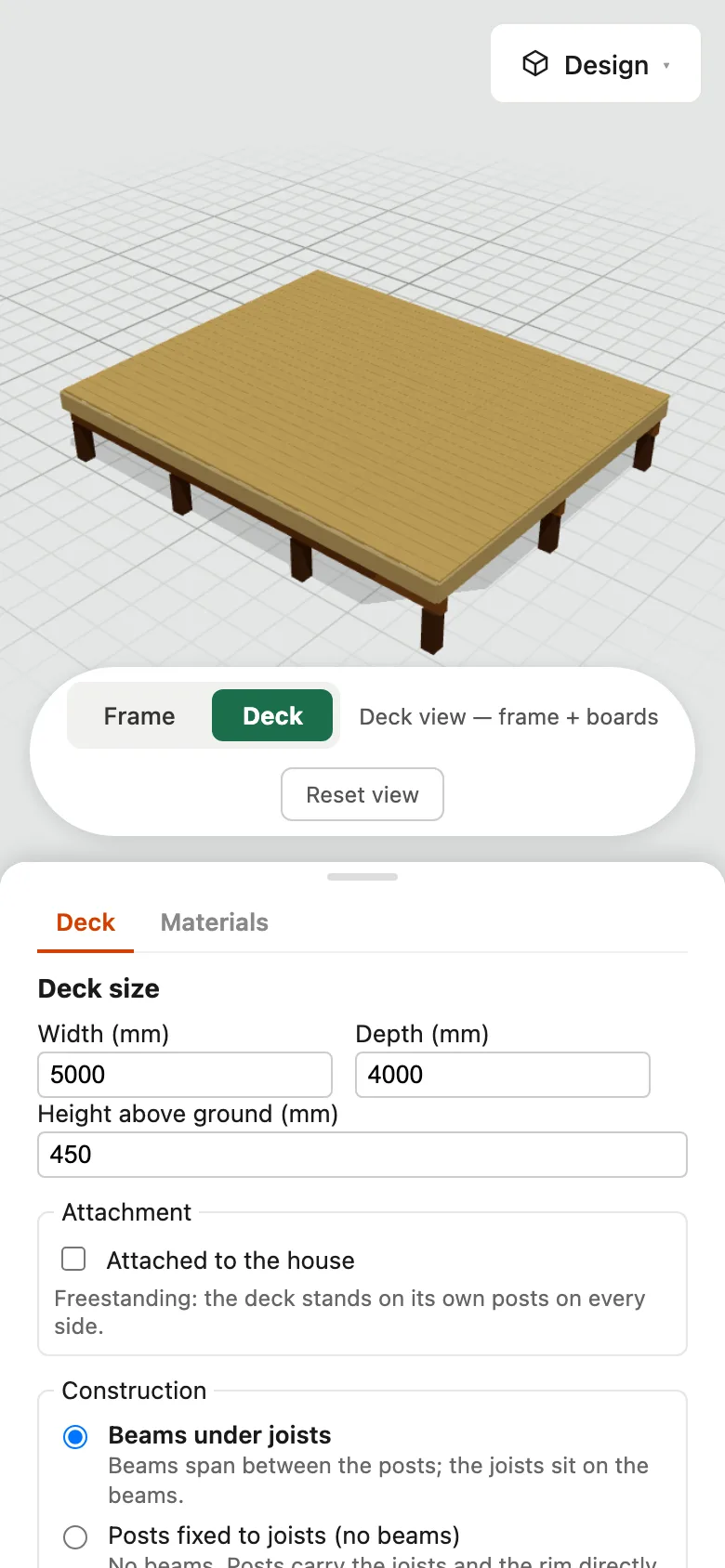Deck designer running on a phone