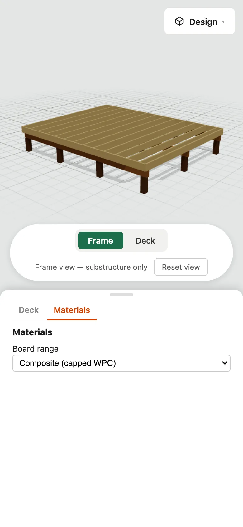 Deck designer — materials tab, on a phone
