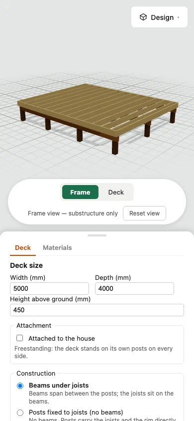 Deck designer — frame view, on a phone
