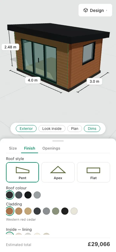 Garden room designer — finish, on a phone
