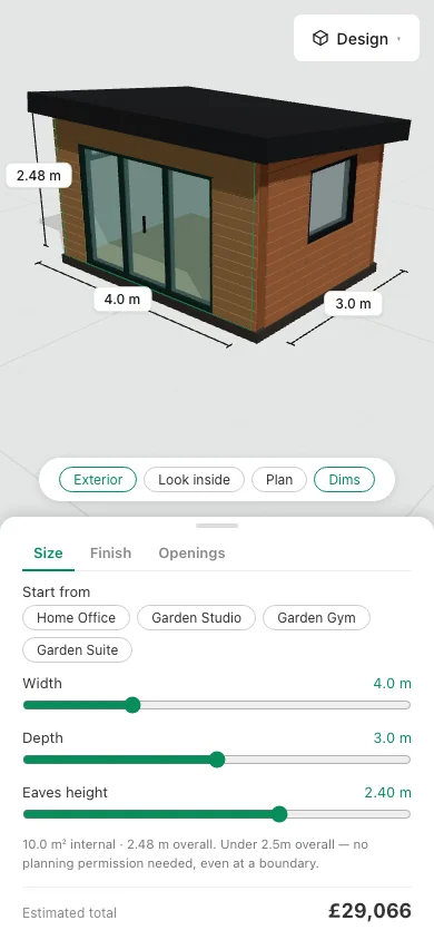 Garden room designer — size, on a phone
